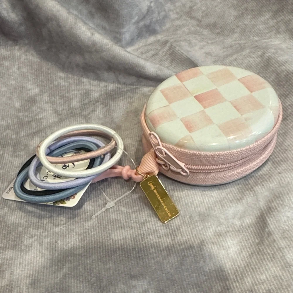 Mackenzie Childs Goody Pastel Checker Round Pouch‎ with Hair Elastics
